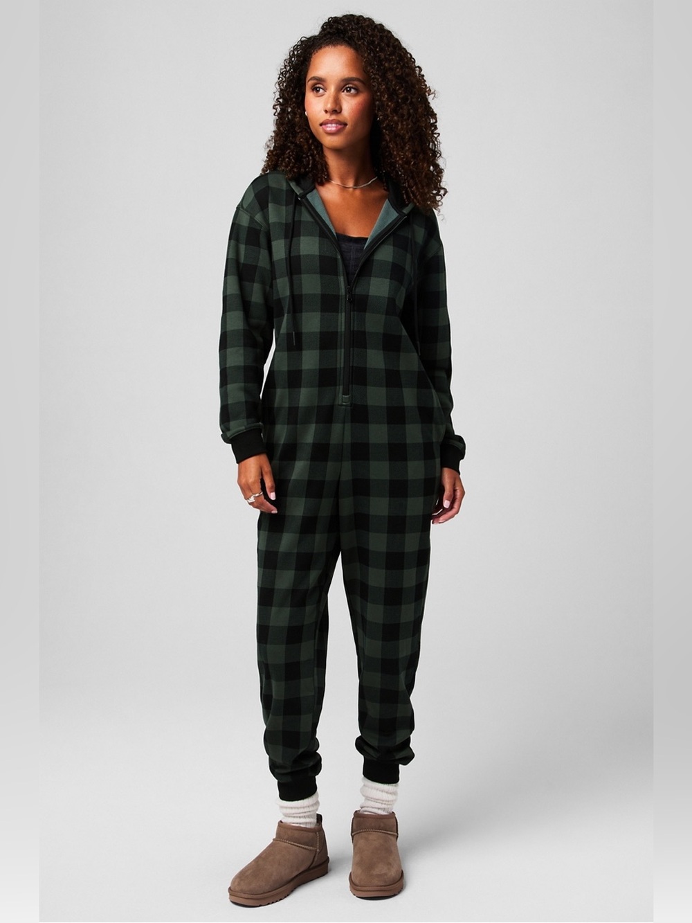 Fabletics Cozy Fleece Hooded Onesie Pine Shadow Buffalo Check